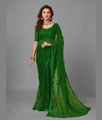 VANRAJ CREATION Brasso Self Design Saree With Unstitched Blouse Piece ( Green )