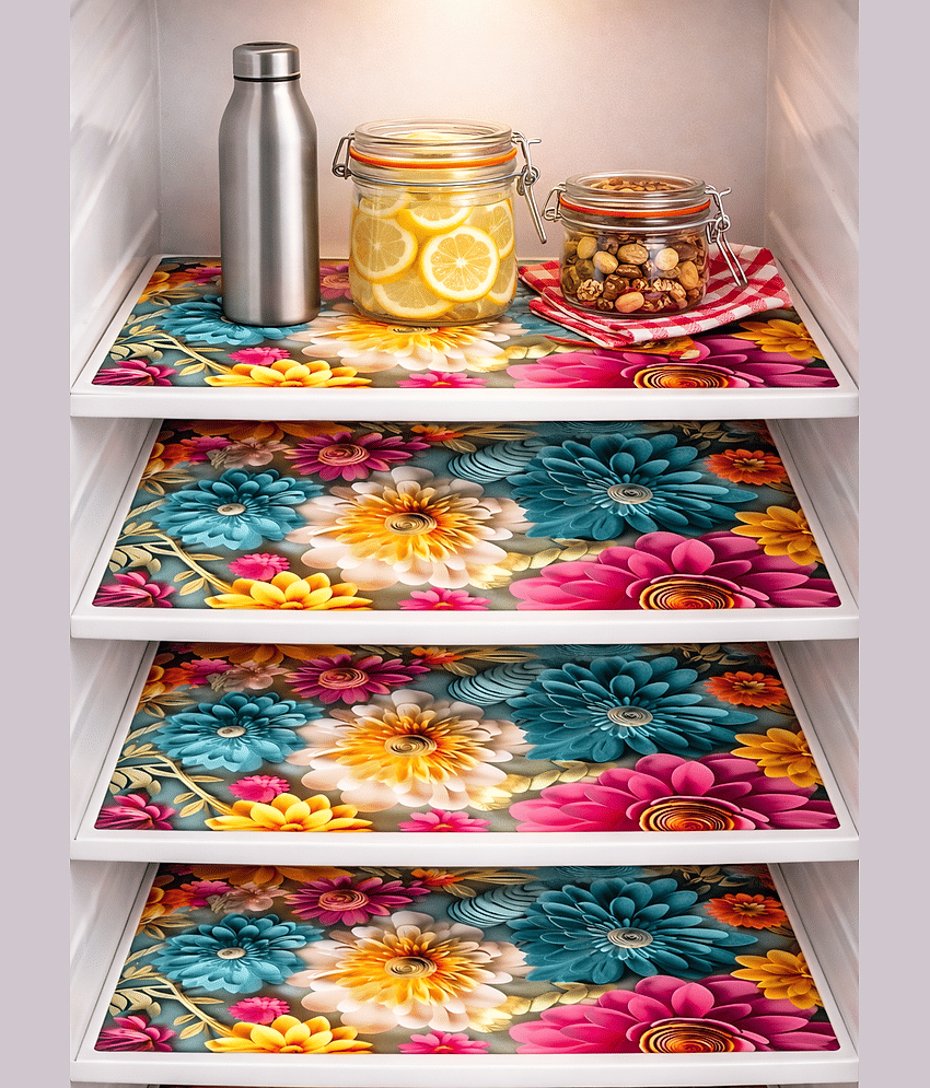 THE LION'S SHARE PVC Floral Fridge Mats ( 30 44 ) Pack of 4 - Blue