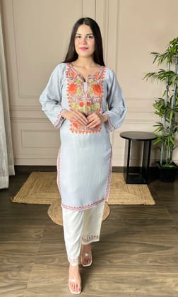 Grey Aari Embroidered Crushed Cotton Kurti-XXS