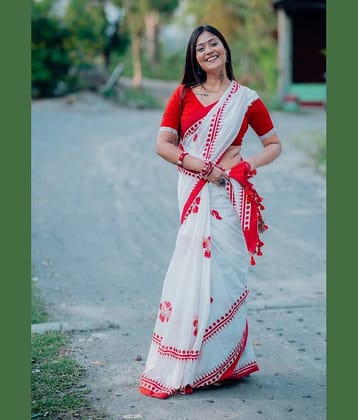 SARADA HANDLOOM Cotton Woven Saree With Unstitched Blouse Piece ( White )