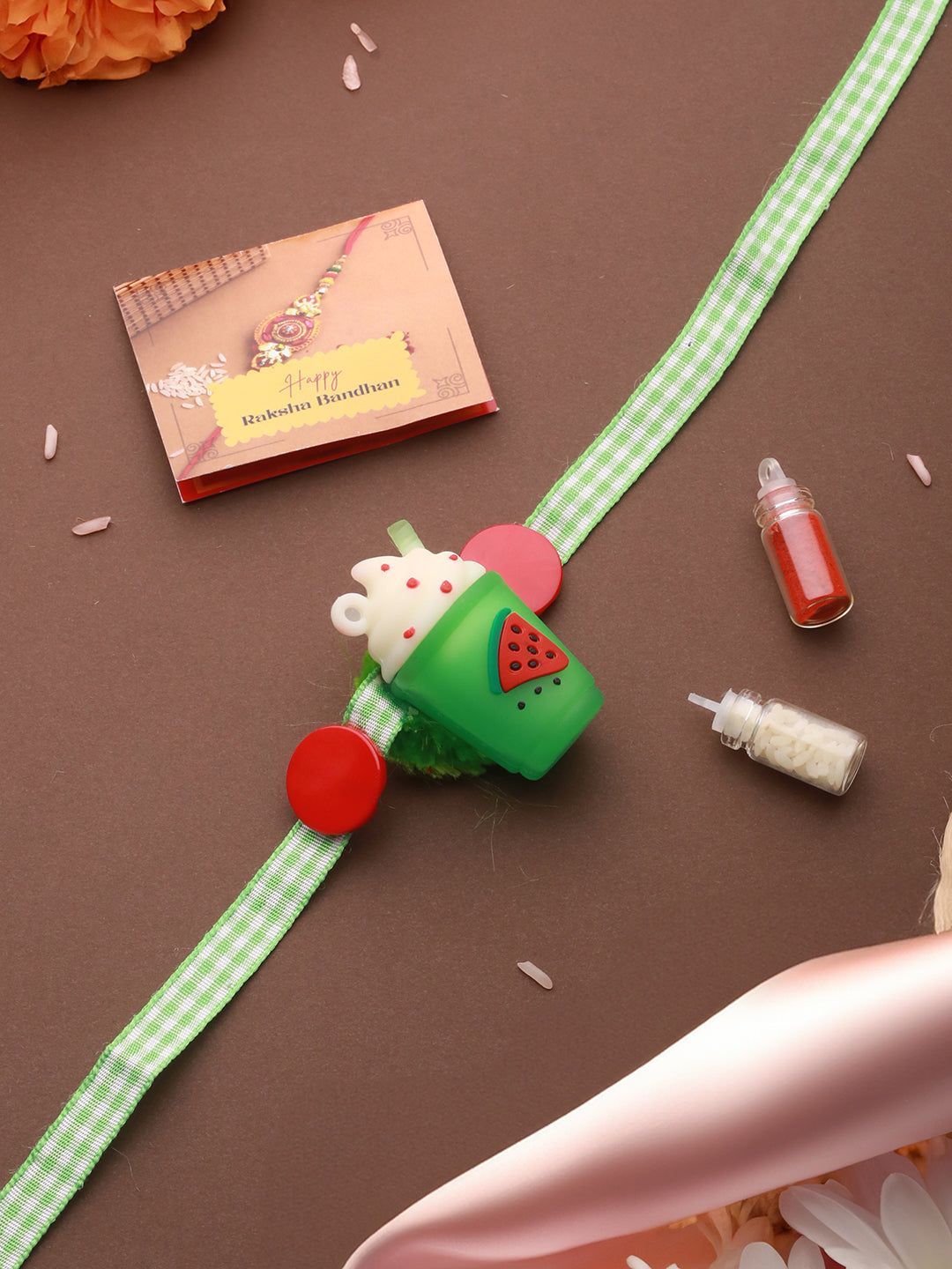 Green Ice  Cream Shape Toy  Ribbon Rakhi For Kids With Roli Chawal