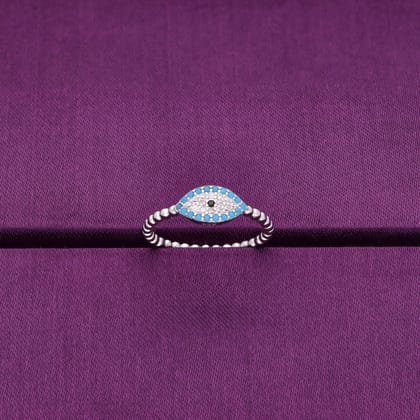 Single Evil Eye Diamond Studded Blue & White Silver Ring-White Stone / Silver / US 6 (16.5 mm Diameter)