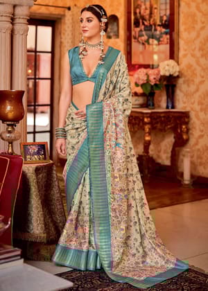 Pastel Blue Madhubani Print soft silk saree