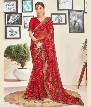 Nandini Creation Chiffon Printed Saree With Unstitched Blouse Piece ( Red )