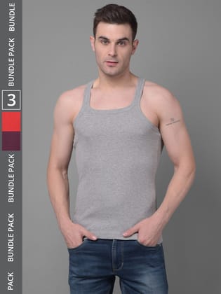 Men's Assorted Pack of 3 Solid Combed Cotton Racerback Styled Gym Vest