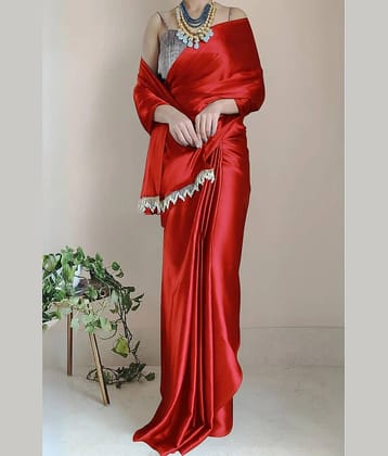 A TO Z CART Satin Solid Saree With Unstitched Blouse Piece ( Red )