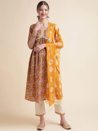 Yellow Embroidered Cotton Blend Round Neck Kurta Set-S