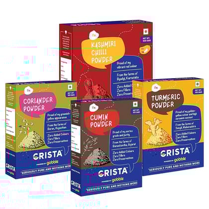 CRISTA Daily Ground Spices (Masala) Combo Pack (Cumin Powder 100 gm, Coriander Powder 100 gm, Turmeric Powder 100 gm & Kashmiri Chilli Powder 500 gm) - Pack of 4 CRISTA Daily Ground Spices (Masala) Combo Pack (Cumin Powder 100 gm, Coriander Powder 100 gm, Turmeric Powder 100 gm & Kashmiri Chilli Powder 500 gm) - Pack of 4