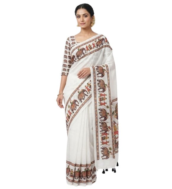 Women's Linen Kalamkari Printed Saree With Unstitched Blouse - 5.5 Mtr (White)