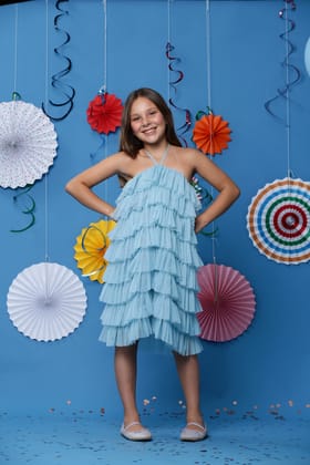 Blue Halter Neck Net Ruffle Dress-6-12 months