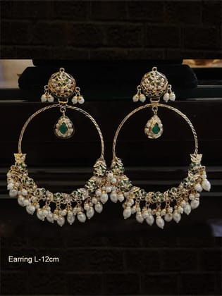 12cm long jadau chandbalies with pearl drops-Green