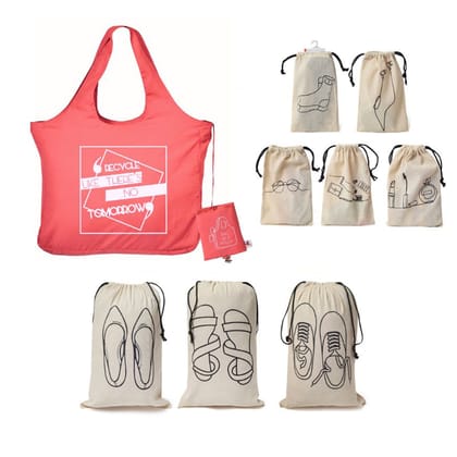 IVillage 1 Foldable Microfiber Tote Bag Pink 5 Cotton Travel Pouches and 3 Shoe Cover Pack Of 9