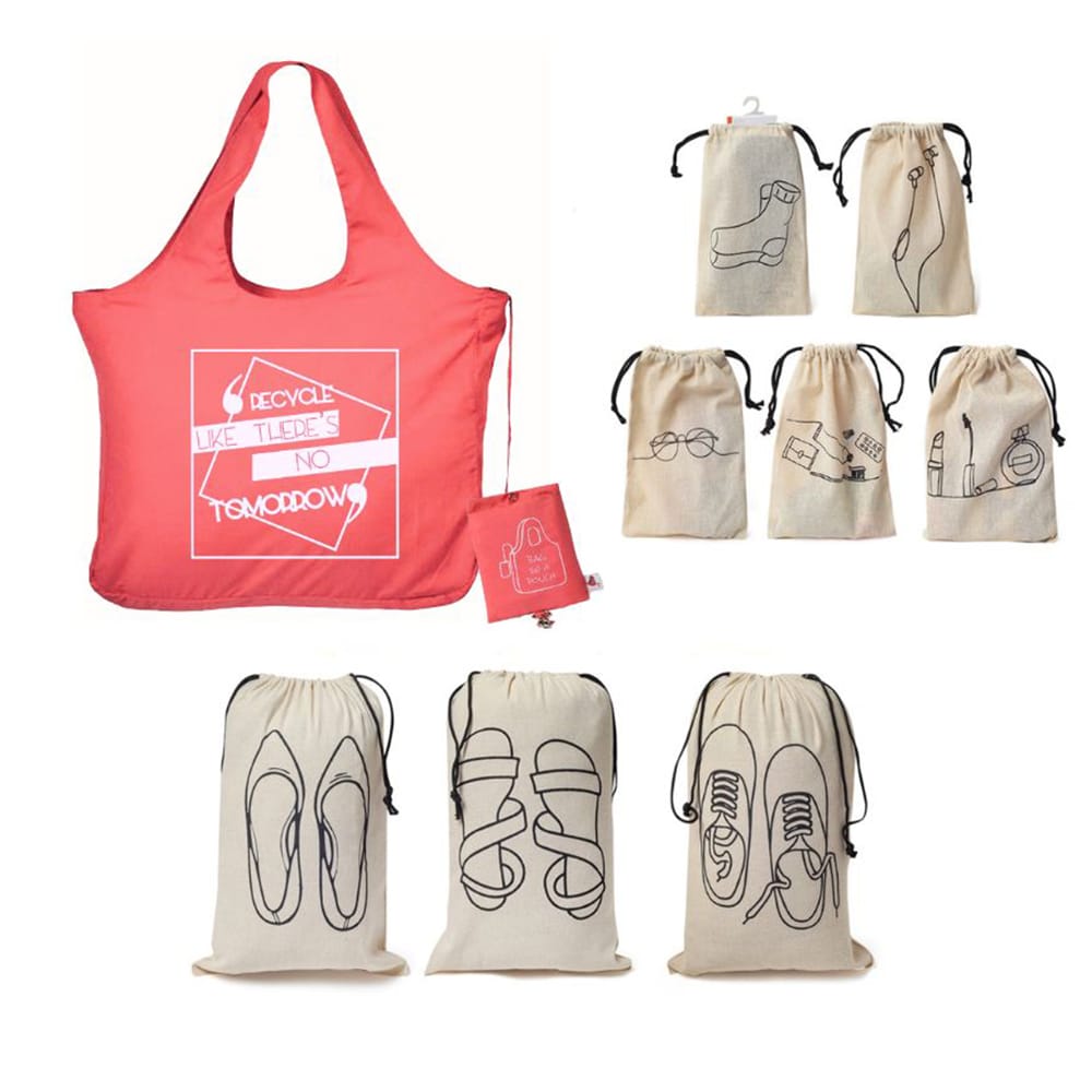 IVillage 1 Foldable Microfiber Tote Bag Pink 5 Cotton Travel Pouches and 3 Shoe Cover Pack Of 9