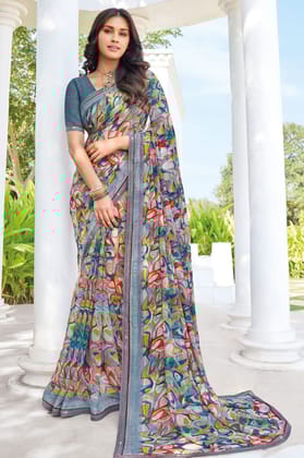 Grey Printed Georgette Saree
