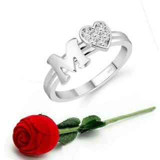 VFJ cz alloy Rhodium plated Valentine collection Initial"M"Letter with heart ring