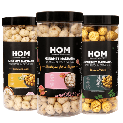 GOURMET MAKHANA Roasted in Olive Oil | Flavors Tangy Tomato, Cream & Onion and Peri Peri | Combo Of 3, 65g Each. - 195 gm