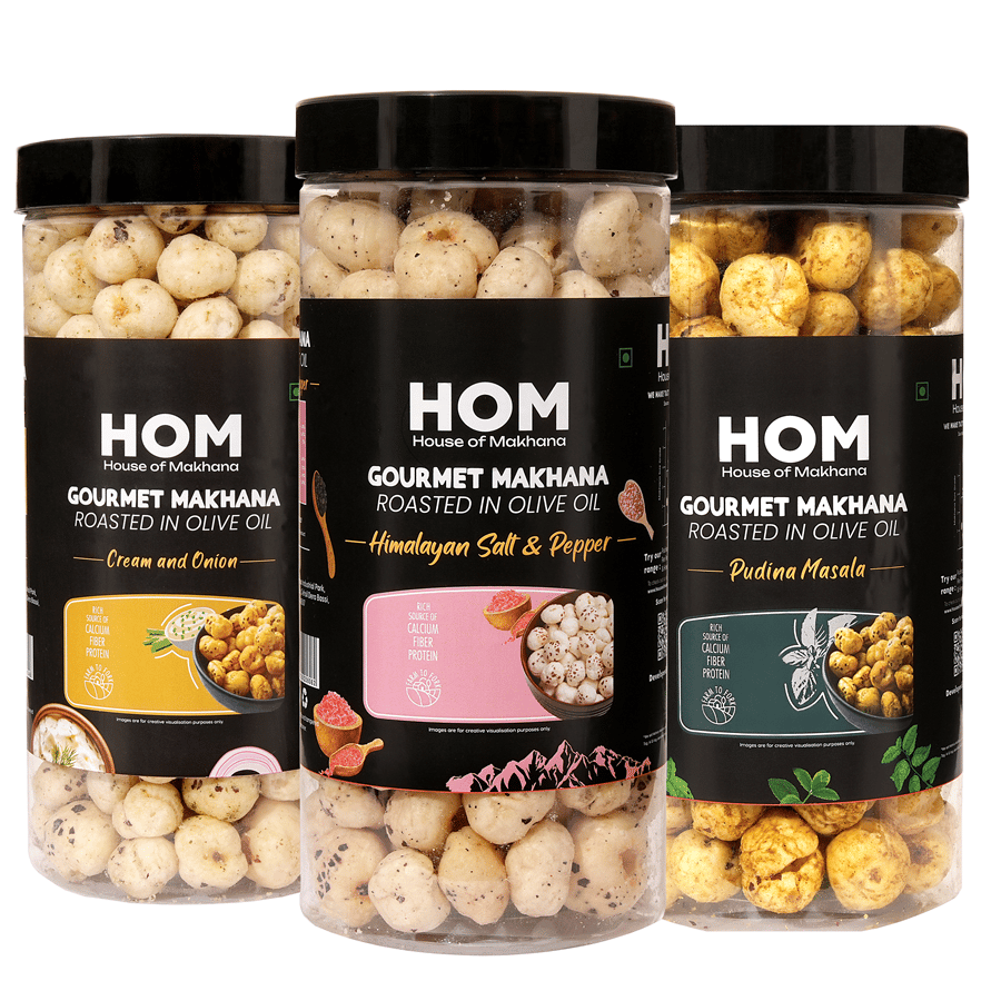 GOURMET MAKHANA Roasted in Olive Oil | Flavors Tangy Tomato, Cream & Onion and Peri Peri | Combo Of 3, 65g Each. - 195 gm