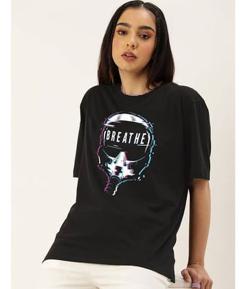 JUNEBERRY Women Cotton Printed Oversized Fit Round Neck T-Shirt ( Black )