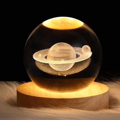 3D Saturn Crystal Ball Lamp with USB Powered 3.15 Inch LED Wooden Base, Perfect for Gifts