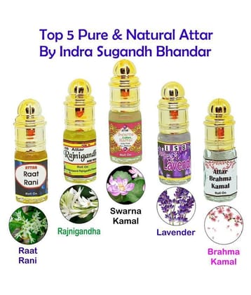 INDRA SUGANDH BHANDAR - Raat Rani, Rajnigandha, Swarna Kamal, Lavender, Brahma Kamal Attar For Men & Women 3ml Each Pack Of 5