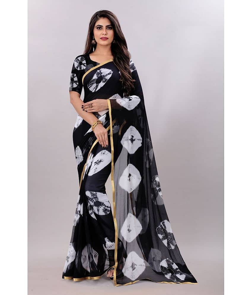Apnisha Chiffon Printed Saree With Unstitched Blouse Piece ( Black )