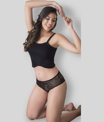 Clovia Lace Self Design Women's Bikini Panties ( Black )