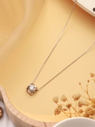 925 Sterling Silver Rhodium Plated Zircon Stylish Square Solitaire Pendant Neckalce & Chain