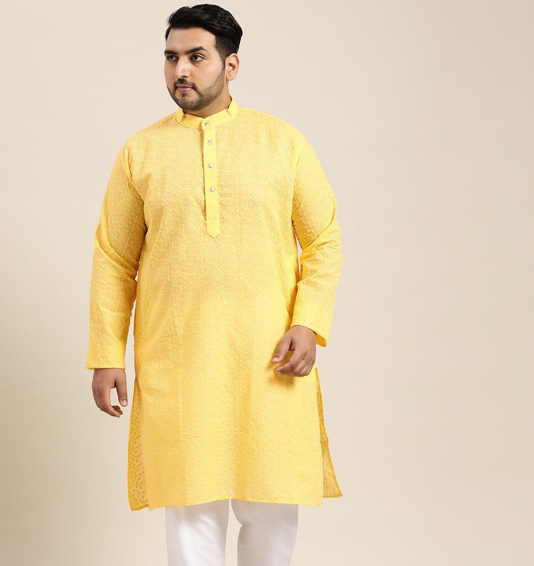 Men's 100% Cotton Yellow Chikankari Kurta-46