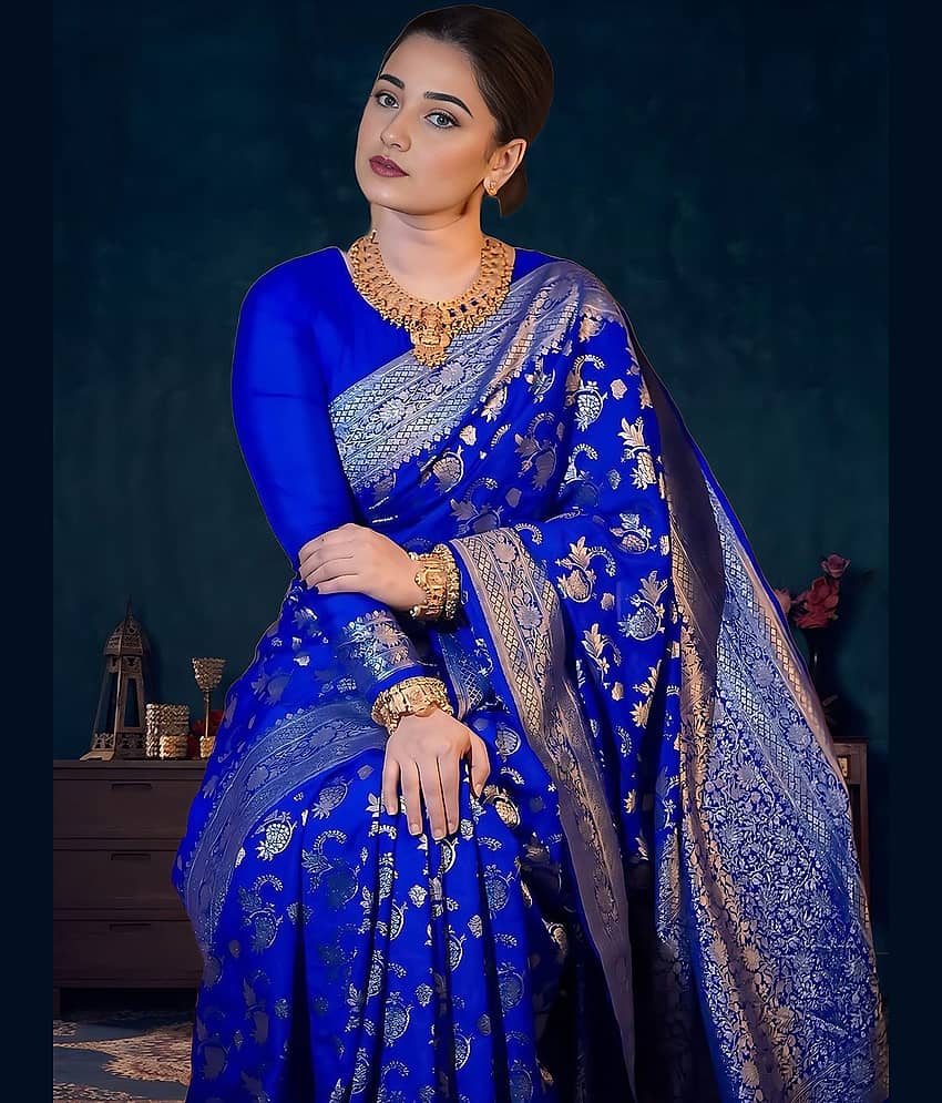 Vastukala Silk Woven Kanjeevaram Sarees With Unstitched Blouse Piece ( Blue )