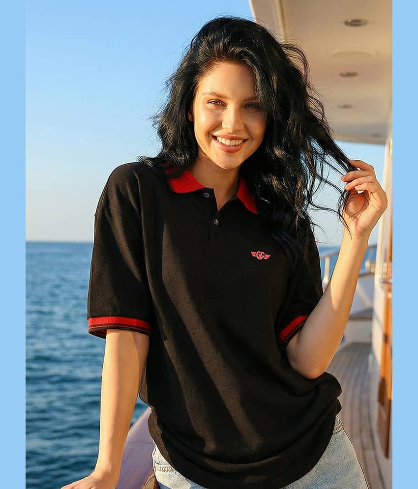 GET GOLF Women Cotton Blend Oversized Fit Polo Collar T-Shirt ( Black )