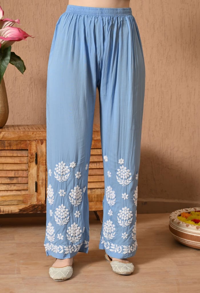Hand Embroidered Chikankari Modal Plazo Set with 3D Work – Ethnic Wear Powder Blue
