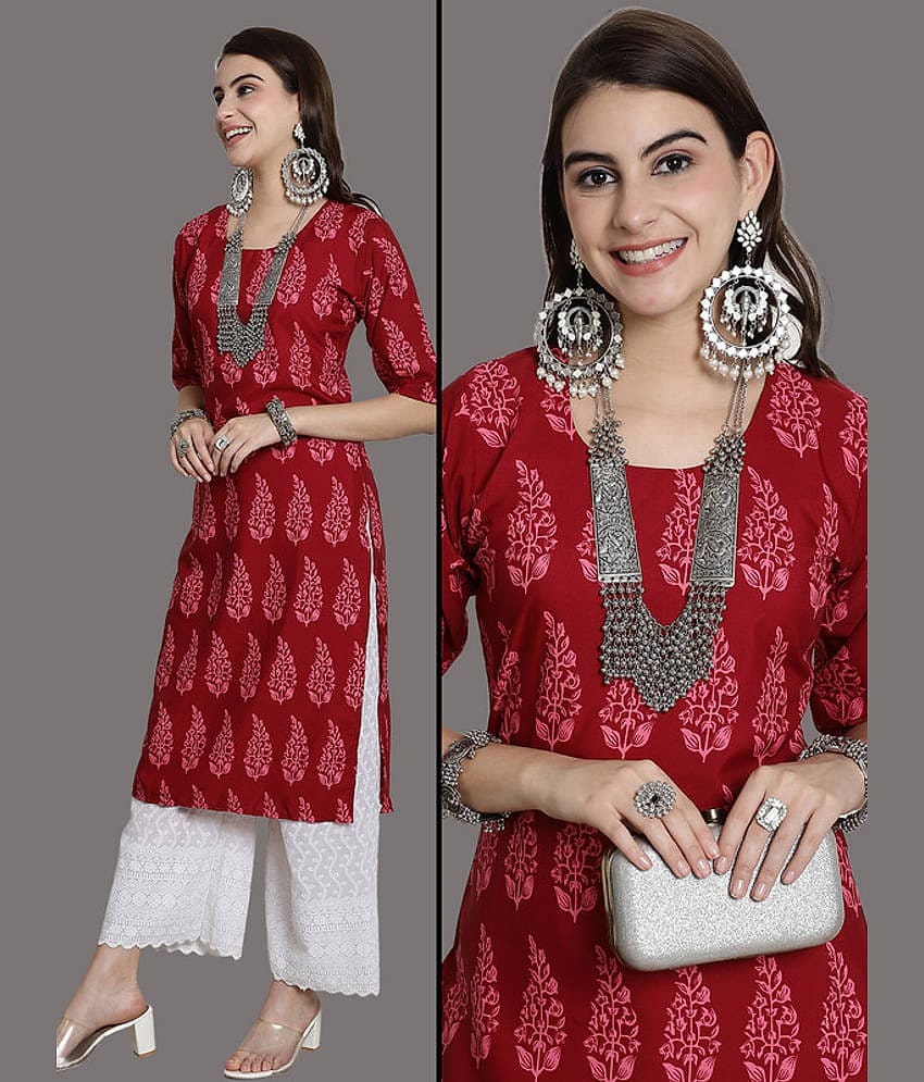 Ethnic Basket Pack of 1 Crepe Printed Nayra Women's Kurti - ( Red )