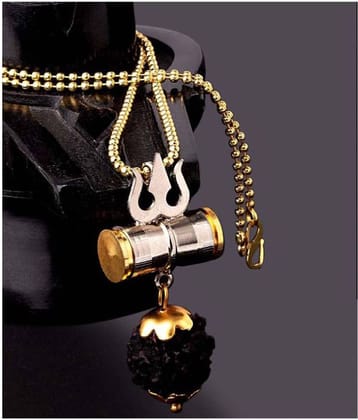Shiv Shakti Kavach 5 Mukhi Rudraksha With Shiv Trishul & Damru Wood Chain Gold-plated Plated Brass Chain