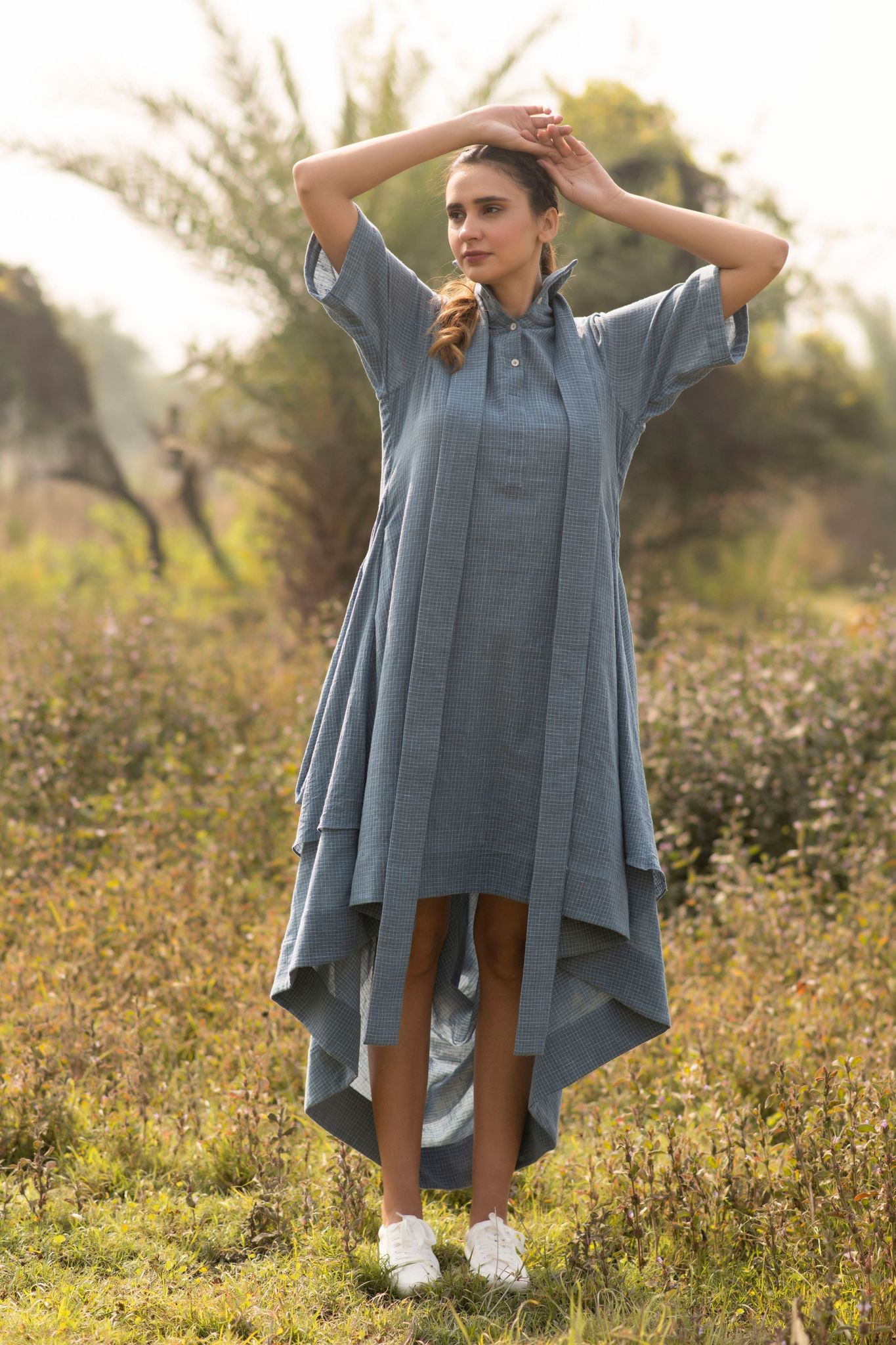 Indigo Blue Check Organic Kala Cotton Drape Dress-XXS