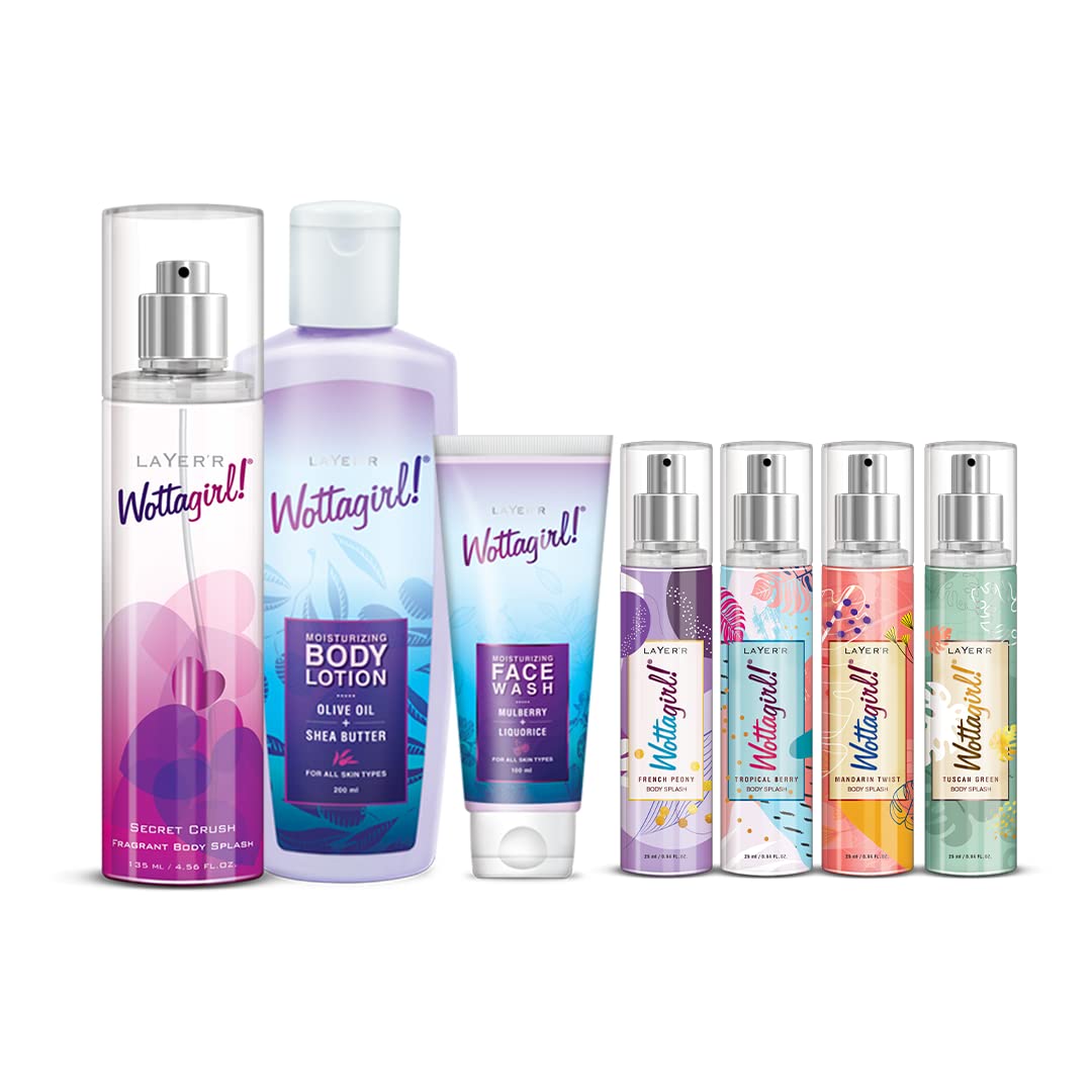 Layer'r Wottagirl Combo Gift Set Secret Crush Body Splash 135 ml, Wottagirl Moisturising Body Lotion 200 ml, Moisturizing Face Wash 100 ml, Exotic Body Splash 25 ml Each (Pack Of 4).