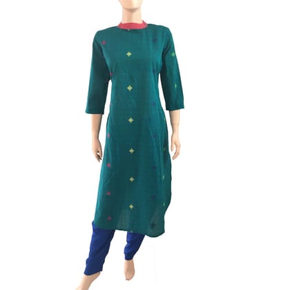 Handloom Cotton Straight cut Closecollar Kurti, Turquoise, KH1026-XXL