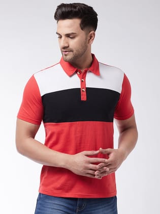 Red/White/Black Colorblock Half Sleeves Polo - M