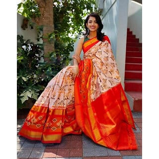 Orange Colour Ikkat Designer Printed saree