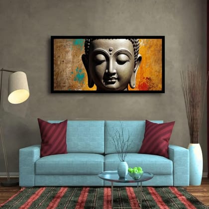 Luminary Tranquil Reflection – Serene Buddha Head Museum-Quality Cotton Canvas Art for Zen Décor | Frame Size (127 X 69 Cm) | Frame Type (Black) | 5-Year Warranty
