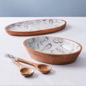 Handicraft Exim Wooden Serving Bowl and Spoon Set | Natural Wood & Ceramic Finish | Elegant Tableware