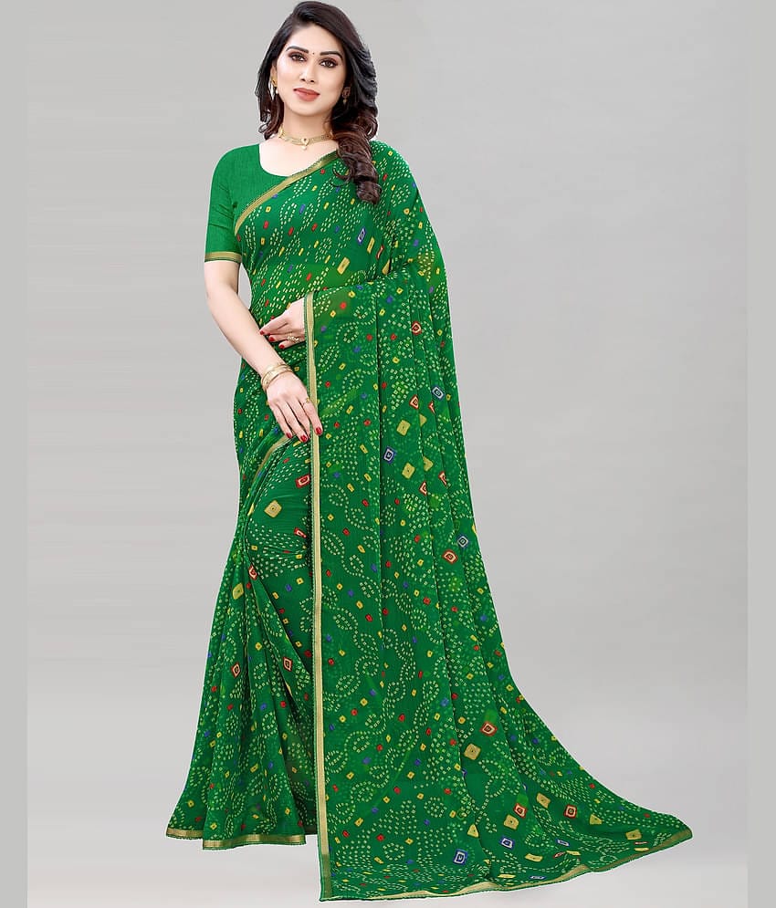 Samah Chiffon Printed Saree With Unstitched Blouse Piece ( Green )