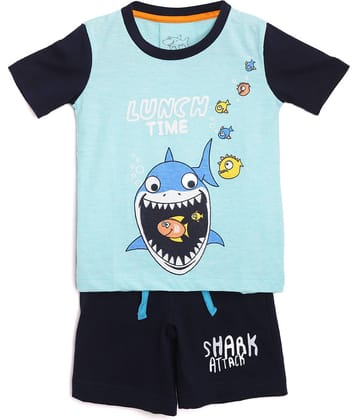 Lazy Shark Pack of 1 Boys Cotton Blend T-Shirt & Shorts Set ( Blue )