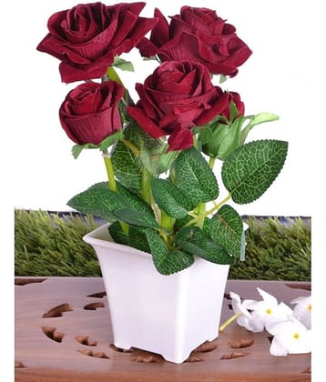 PINDIA - Red Rose Artificial Flowers With Pot ( Pack of 1 )