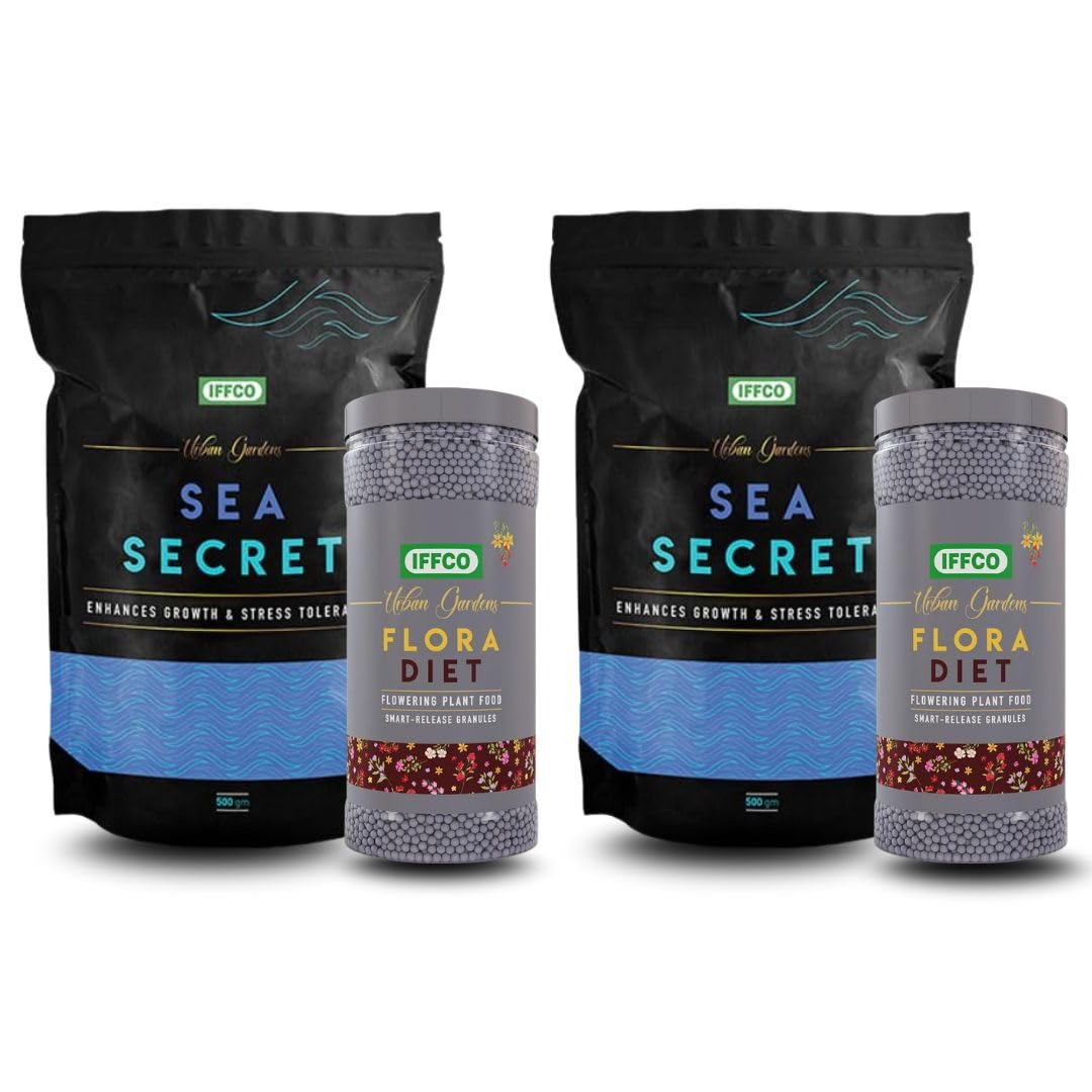 IFFCO Urban Gardens | Sea Secret 500g + Floral Diet 400g each 2 counts | Induces Flower production | Improves Nutrient Uptake from Soil, Promotes Root Tillering | For Home Garden, Pots & All Plants |