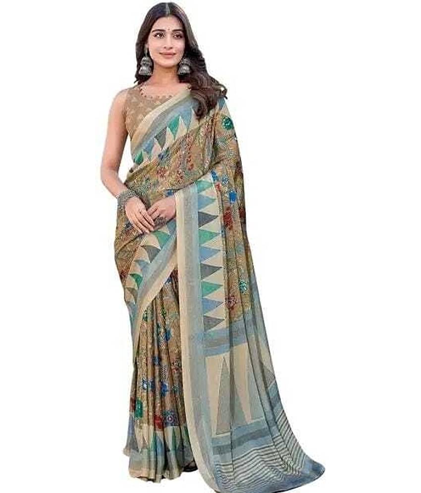 JIHANA FAB Chiffon Printed Saree With Unstitched Blouse Piece ( Multicolor )