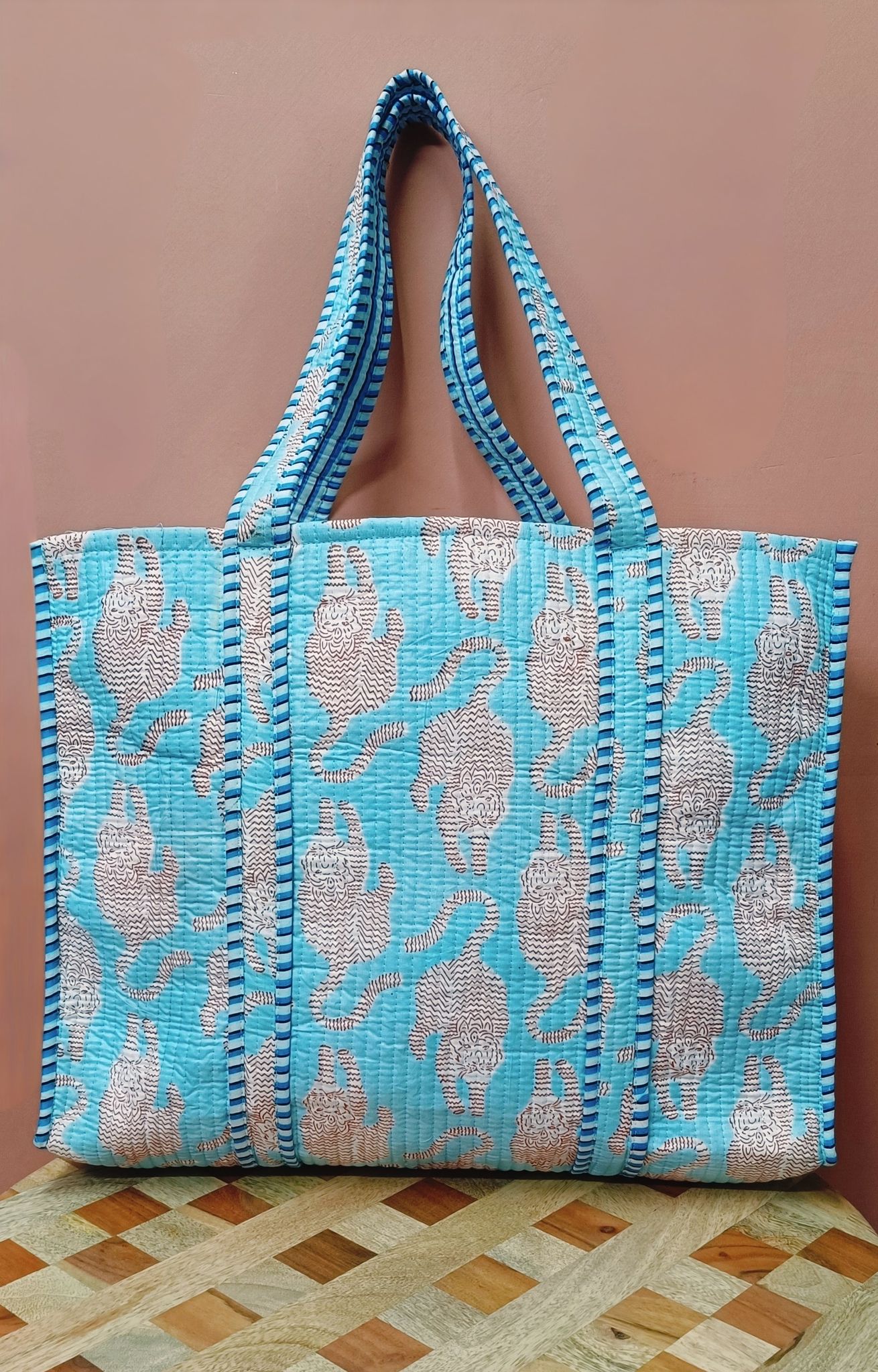 Handblock Printed Quilted Tote Bag without zip/button 17x18x 6 inches