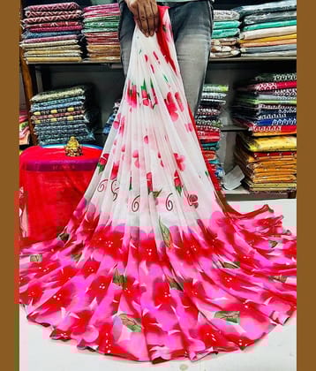 Bhuwal Fashion Georgette Printed Saree With Unstitched Blouse Piece ( Pink )