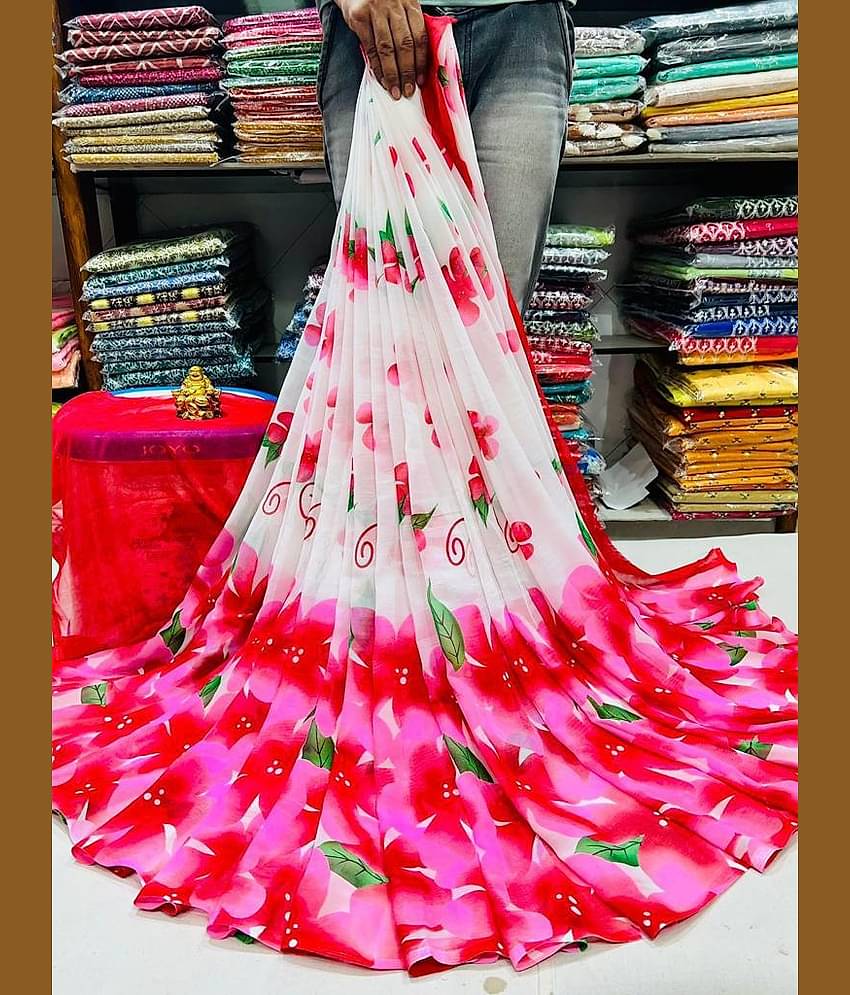 Bhuwal Fashion Georgette Printed Saree With Unstitched Blouse Piece ( Pink )
