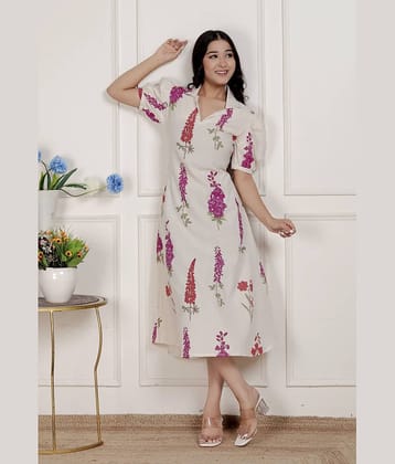 miravan Women Cotton Printed A-line Dress ( Off White )