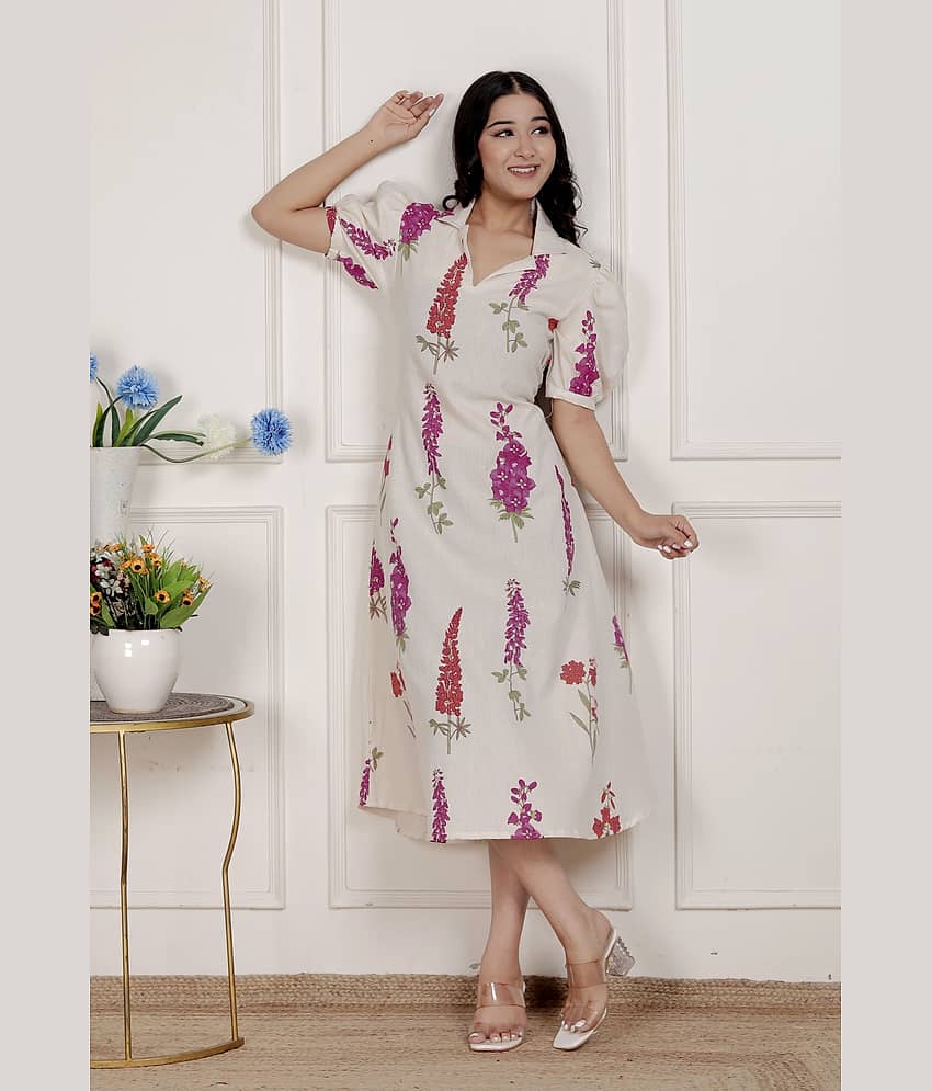 miravan Women Cotton Printed A-line Dress ( Off White )